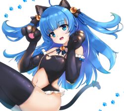  :o animal_ears animal_hands bell black_leotard black_ribbon black_tail black_thighhighs blue_eyes blue_hair cat_ears cat_tail clothing_cutout eari elbow_gloves female frilled_leotard frills gloves hair_bell hair_ornament hair_ribbon highres jingle_bell king&#039;s_raid leotard lilia_(king&#039;s_raid) long_hair looking_at_viewer navel navel_cutout open_mouth paw_gloves paw_pose paw_print ribbon shiny_skin simple_background solo tail thighhighs two_side_up white_background 