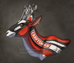  2010 alternate_species ambiguous_gender black_markings brown_eyes bust_portrait craftsman_(brand) deer digital_media_(artwork) ear_markings facial_markings feral feralized furrification grey_background head_markings horizontal_pupils humor katie_hofgard logo logo_parody mammal markings neck_markings parody portrait pupils quadruped red_body side_view simple_background solo textured_background tools unusual_anatomy unusual_horn what_has_science_done white_markings wrench 