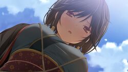  asahina_hikage blue_kimono blue_sky breasts brown_eyes brown_hair cloud day female from_below game_cg hair_between_eyes japanese_clothes kimono kunado_kokuki large_breasts looking_at_viewer obi open_mouth outdoors pov sash sky solo sweat sweatdrop upper_body yuuri_(kunado_kokuki) 