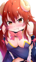  ahoge bare_shoulders blush bow bowtie breasts brown_eyes brown_hair cleavage closed_mouth commentary crisis_management_form_(machimazo) demon_girl demon_horns female frilled_sleeves frills horns large_breasts long_hair looking_at_viewer machikado_mazoku no_bra pandemic14 pink_bow pink_bowtie pink_ribbon pout ribbon shiny_skin simple_background solo tears white_background yoshida_yuuko_(machikado_mazoku) 