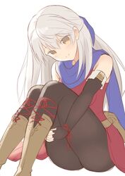  bangle bare_shoulders black_gloves black_pantyhose blue_scarf blush bracelet dress elbow_gloves female fingerless_gloves fire_emblem fire_emblem:_radiant_dawn gloves grabbing_own_thigh hair_ribbon half_updo highres jewelry long_hair looking_at_viewer micaiah_(fire_emblem) pantyhose ribbon scarf shiyo_yoyoyo side_slit simple_background sitting sleeveless sleeveless_dress solo thigh_grab white_background white_hair yellow_eyes 