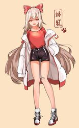  :d absurdres bandaid bandaid_on_knee bandaid_on_leg black_shorts blonde_hair bra_strap coat female fujiwara_no_mokou full_body hand_in_pocket highres korean_commentary long_hair looking_at_viewer mnnnya open_clothes open_coat open_mouth red_eyes red_shirt round_teeth shirt shoes short_shorts shorts simple_background smile solo standing teeth touhou upper_teeth_only white_coat white_footwear yellow_background 