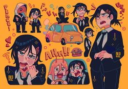  ! !! &gt;_o 1boy ? ?? artist_name black_footwear black_hair black_jacket black_necktie black_pants blupixl blush burger business_suit car chainsaw_man chibi comic_panel_redraw crying crying_with_eyes_open derivative_work driving drooling english_text family_burger_(chainsaw_man) family_burger_mascot_(chainsaw_man) food formal hair_ornament hairclip hands_on_lap happy head_tilt heart higashiyama_kobeni highres holding holding_food holding_ice_cream hood hood_up ice_cream indian_style jacket kobeni&#039;s_car_(chainsaw_man) looking_at_viewer male_focus mask meme motor_vehicle necktie nervous on_vehicle one_eye_closed open_mouth orange_car own_hands_together pants plague_doctor_mask power_(chainsaw_man) power_crashes_kobeni&#039;s_car_(meme) sad scared sharp_teeth short_hair short_ponytail simple_background single_sidelock sitting smoke steering_wheel suit tears teeth v violence_fiend_(chainsaw_man) yellow_background 