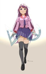  bad_id bad_twitter_id bakemonogatari black_footwear blue_eyes female from_below hair_between_eyes highres kuroiwa_brs long_hair long_sleeves looking_at_viewer looking_down monogatari_(series) naoetsu_high_school_uniform necktie pink_shirt protractor puffy_long_sleeves puffy_sleeves purple_hair purple_skirt school_uniform senjougahara_hitagi set_square shirt simple_background skirt solo thighhighs thighs very_long_hair zettai_ryouiki 