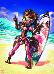  2020 4_fingers 4_toes anthro beach blue_eyes breasts canid canine clothed clothing day detailed_background digital_media_(artwork) eyebrows eyelashes feet female fingers gesture hand_gesture hi_res hotel_transylvania karol_pawlinski mammal middle_finger mythological_canine mythological_creature mythology navel outside sand seaside shoreline sky smile solo standing surfboard toes vehicle water watercraft were werecanid werecanine werewolf winnie_werewolf_(hotel_transylvania) 