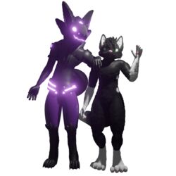  1:1 3d_(artwork) absurd_res alpha_channel anthro biped black_body black_feet black_fur black_hands blender_(artwork) canid canine digital_media_(artwork) duo feet fluffy fluffy_chest fluffy_ears fluffy_hair fluffy_tail fur gesture glowing glowing_eyes glowing_face glowing_mouth green_eyes hair hi_res jackal_(aazo) leaning_over machine male mammal pawpads pink_nose pink_pawpads protogen purple_ears purple_eyes purple_mouth screen screen_face simon_(aazo) size_difference tail waving waving_at_viewer white_body white_ears white_feet white_fur white_hands zythro 