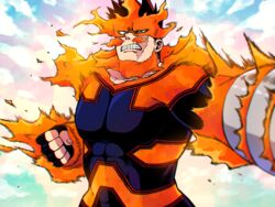  1boy bara beard blue_bodysuit blue_eyes bodysuit boku_no_hero_academia covered_abs endeavor_(boku_no_hero_academia) facial_hair fighting_stance fire large_pectorals looking_at_viewer male_focus mature_male miso_(mimimiso) muscular muscular_male pectorals red_hair scar scar_across_eye scar_on_face short_hair sideburns solo spiked_hair stubble superhero_costume upper_body 