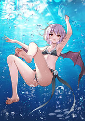  air_bubble barefoot bat_wings bikini black_bikini bubble feet female flan_(seeyouflan) flower flower_bikini greek_toe highres legs light_purple_hair looking_at_viewer photoshop_(medium) purple_hair red_eyes remilia_scarlet short_hair soles solo swimsuit toes touhou underwater wings 