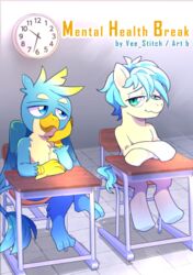  avian blue_body blue_eyes blue_fur blue_hair clock desk digital_media_(artwork) duo equid equine friendship_is_magic fur furniture gallus_(mlp) green_body green_eyes gryphon hair hand_on_cheek hasbro hentaib horse looking_at_another looking_up low_res male male/male mammal my_little_pony mythological_avian mythological_creature mythology pony sandbar_(mlp) table turquoise_hair vee_stitch 