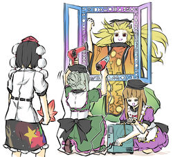  4girls back_bow black_bow black_hair black_headwear black_skirt blonde_hair bow braid braided_bun brown_eyes brown_hair commentary_request dress floating_hair frilled_skirt frills generator green_dress green_hair green_skirt hair_bun hair_dryer hand_fan hands_up hat hauchiwa hidden_star_in_four_seasons highres holding holding_fan kneeling long_hair matara_okina multiple_girls nishida_satono open_mouth parody peroponesosu. pom_pom_(clothes) purple_dress red_bow red_headwear shameimaru_aya shirt short_hair short_sleeves sidelocks simple_background skirt smile sweat tabard tate_eboshi teireida_mai tokin_hat touhou white_background white_shirt wide_sleeves 