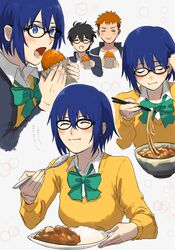  2boys adjusting_hair black-framed_eyewear black_hair blue_eyes blue_hair blue_jacket blush bow bowtie bread breasts cardigan chopsticks ciel_(tsukihime) closed_eyes closed_mouth collared_shirt commentary_request curry curry_bread curry_rice curry_udon eating female fingernails food food_in_mouth glasses green_bow green_bowtie hair_between_eyes highres holding holding_chopsticks holding_food holding_spoon inui_arihiko jacket long_sleeves medium_breasts mizutaki_yakko multiple_boys multiple_views open_clothes open_jacket open_mouth orange_hair rice school_uniform shirt short_hair smile spoon tohno_shiki tongue tsukihime tsukihime_(remake) uniform white_shirt yellow_cardigan 