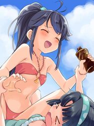  &gt;_&lt; 2girls ahoge aqua_one-piece_swimsuit bikini black_hair blush bottle breasts cleavage closed_eyes cloud commentary_request covered_nipples crying day female_pervert frilled_one-piece_swimsuit frills grabbing_another&#039;s_hand hair_ornament hairband holding_another&#039;s_wrist long_hair multiple_girls musumi_kiyoka navel o-ring o-ring_top one-piece_swimsuit open_mouth pervert ponytail seashell shell sky small_breasts smile straddling struggling swimsuit takano_natsuki tanning_oil tears toji_no_miko yamashiro_yui you_gonna_get_raped yuri 