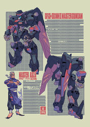  1boy black_pants blue_eyes braid chinese_clothes crossed_arms fake_scan g_gundam glowing glowing_eye grey_eyes grey_hair gundam highres inaki_shinrou looking_at_viewer male_focus master_asia master_gundam mecha muscular muscular_male open_hands pants redesign robot science_fiction v-fin v-shaped_eyebrows 