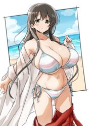  bare_shoulders beach bikini bikini_under_clothes black_hair blush breasts cleavage collarbone female hair_between_eyes halterneck highres huge_breasts iwato_kasumi japanese_clothes long_hair looking_at_viewer miko momoiro_tunozemi navel ocean outdoors parted_lips saki_(manga) sand side-tie_bikini_bottom sky solo stomach string_bikini swimsuit 