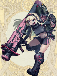  armor black_footwear blonde_hair blue_eyes blunt_bangs boots breastplate brown_background character_request dairoku_ryouhei female full_body hetza_(hellshock) holding holding_weapon long_hair looking_at_viewer midriff miniskirt navel nose_art oerba_yun_fang open_mouth rocket_launcher shark_nose_art shoulder_armor sidelocks skirt smile solo spiked_armor sword teeth very_long_hair weapon 