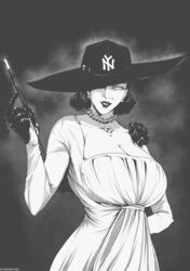  alcina_dimitrescu arm_behind_back breasts cigarette cigarette_holder dress english_commentary female gloves greyscale hair_behind_ear hat highres huge_breasts looking_at_viewer major_league_baseball monochrome new_york_yankees one_eye_covered parted_lips resident_evil resident_evil_village short_hair smoking_pipe solo sun_hat twitter_username tyrone 