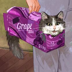  1:1 absurd_res ambiguous_gender bottomwear box carrying_another catwheezie clothed clothing container domestic_cat duo english_text felid feline felis feral feral_focus fur hi_res holding_object human in_box in_container inside mammal pants signature smile solo_focus standing text tuft whiskers 