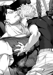  2boys absurdres bara blush boku_no_hero_academia endeavor_(boku_no_hero_academia) facial_hair feathered_wings greyscale hawks_(boku_no_hero_academia) highres indoors large_pectorals looking_at_another male_focus mature_male migi_(mm86262394) monochrome multiple_boys muscular muscular_male pants pectorals shirt short_hair tank_top teeth wings yaoi 