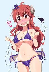  ahoge anger_vein angry bikini blue_background blue_bikini breasts brown_eyes chinese_zodiac cleavage clenched_hands collarbone commentary_request cowboy_shot curled_horns demon_girl demon_horns demon_tail dragon_wings embarrassed expressive_tail female groin hair_between_eyes halterneck highres horns large_breasts long_hair looking_at_viewer low_wings machikado_mazoku mukaibi_aoi navel open_mouth red_hair side-tie_bikini_bottom simple_background solo sweatdrop swimsuit tail v-shaped_eyebrows wavy_hair wings year_of_the_dragon yoshida_yuuko_(machikado_mazoku) 