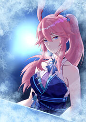  absurdres animal_ears blue_dress breasts cleavage closed_mouth dress female fox_ears frozen-sad highres honkai_(series) honkai_impact_3rd long_hair looking_at_viewer night night_sky pink_hair ponytail purple_eyes sky sleeveless sleeveless_dress upper_body winter yae_sakura yae_sakura_(goushinnso_memento) 