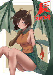  2024 absurdres adapted_costume breasts brown_gloves brown_hair chinese_zodiac dragon_girl dragon_tail dragon_wings elbow_gloves feet_out_of_frame female gloves green_eyes green_scarf green_skirt highres hiryuu_(kancolle) kantai_collection lanthan large_breasts looking_at_viewer miniskirt name_connection one_side_up orange_shirt pleated_skirt scarf shirt short_hair sideboob single_glove sitting skirt sleeveless sleeveless_shirt solo tail wings year_of_the_dragon 