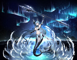  absurdres adhesive_bra ankle_fins aqua_hair arm_fins bad_id bad_pixiv_id black_bra bra braid female fins french_braid hair_between_eyes head_fins highres holding holding_polearm holding_trident holding_weapon lamia_(punishing:_gray_raven) mechanical_arms mechanical_tail mermaid monster_girl navel open_clothes polearm punishing:_gray_raven purple_eyes shell_hair_ornament sidelocks solo tail underwear water weapon yeming_urcaona 