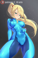  aqua_eyes artist_name ass_visible_through_thighs blonde_hair blue_bodysuit blue_eyes blush bodysuit breasts breasts_apart closed_mouth covered_collarbone covered_navel cowboy_shot female from_below gradient_background hair_between_eyes hand_on_own_stomach high_collar highres large_breasts long_hair looking_at_viewer medium_breasts metroid patreon_logo patreon_username ponytail samus_aran sidelocks simple_background smile solo swept_bangs z-ki zero_suit 