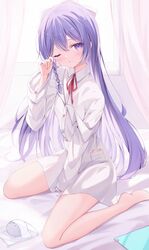  absurdres bare_legs barefoot bed blush braid collared_shirt commentary curtains dress_shirt female fingernails highres indie_virtual_youtuber long_hair long_sleeves looking_at_viewer okomeillust one_eye_closed purple_eyes purple_hair red_ribbon ribbon rutice shirt side_braid sitting sleepy solo very_long_hair virtual_youtuber waking_up wariza white_shirt window 