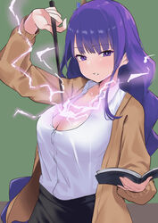  book breasts brown_cardigan cardigan collared_shirt commentary female genshin_impact green_background highres holding holding_book holding_wand human_scabbard lanthan large_breasts looking_at_viewer mole mole_under_eye purple_eyes purple_hair raiden_shogun shirt simple_background solo wand white_shirt 