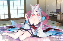  animal_ear_fluff animal_ears architecture arm_support bare_shoulders beads blanket blue_eyes blue_kimono bow breasts cleavage collarbone commentary_request curtained_hair dot_nose east_asian_architecture female fox_ears fox_girl fox_shadow_puppet full_body futon gradient_clothes gradient_eyes gradient_kimono grey_hair hagoromo hair_beads hair_ornament hairbow hanging_scroll high_ponytail highres huge_breasts indoors japanese_clothes kashiwamochi_yomogi katana kimono large_breasts light_particles long_hair long_sleeves looking_at_viewer lying multicolored_eyes nhk_(voiceroid) obi obijime on_floor on_side parted_bangs ponytail purple_eyes sash scroll shawl sheath sheathed shouji sidelocks sitting skindentation sleepwear sliding_doors smile solo sparkle spirit star_(symbol) star_print sword tatami thighhighs tokonoma touhoku_itako vase very_long_hair voiceroid weapon weapon_stand white_hair white_kimono white_thighhighs wide_sleeves yokozuwari 