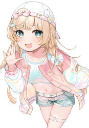  :d aqua_shirt backwards_hat baseball_cap blonde_hair blue_eyes blue_shorts blunt_bangs blush braid character_print chest_sarashi cloud_print crop_top cropped_shirt feet_out_of_frame female frayed_shorts frilled_shorts frills hair_ornament hair_ribbon hairclip hand_up hat highres hololive jacket kazama_iroha kazama_iroha_(streetwear) leaf_hair_ornament leaning_forward letterman_jacket long_hair looking_at_viewer midriff navel official_alternate_costume official_alternate_hairstyle open_mouth outstretched_hand pink_jacket pokobee raglan_sleeves ribbon sarashi see-through see-through_shirt shirt short_shorts shorts side_braids simple_background skindentation smile solo t-shirt teeth thigh_strap tress_ribbon upper_teeth_only virtual_youtuber waving white_background white_hat yoshioka_(today_is_kyou) 