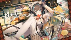  &gt;_&lt; animal_ears apron aqua_eyes arm_garter azur_lane black_hair blue_nails breasts cheshire_(azur_lane) cleavage fake_animal_ears feet_out_of_frame female frilled_hairband frilled_ribbon frills hairband happy_new_year highres holding in_shopping_cart indoors kuuus large_breasts looking_at_viewer maid_headdress manjuu_(azur_lane) multicolored_hair nail_polish purple_apron pushing_cart ribbon shopping_cart short_hair sitting solo streaked_hair supermarket thighhighs white_thighhighs wrist_cuffs 