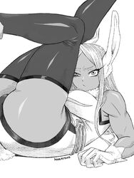  :/ animal_ears artist_name ass bare_shoulders boku_no_hero_academia breasts crescent_print dark-skinned_female dark_skin feet_out_of_frame female fur_collar gloves greyscale highleg highleg_leotard highres honexstage large_breasts legs_up leotard long_eyelashes long_hair looking_at_viewer lying mirko monochrome muscular muscular_female on_back parted_bangs rabbit_ears rabbit_girl rabbit_tail raised_eyebrow sleeveless_turtleneck_leotard solo tail tail_through_clothes thick_thighs thighhighs thighs toned uneven_eyes 