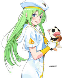  alice_carroll andanden aria_(manga) ascot beret blue_eyes blush dress feline female fingerless_gloves from_side gloves green_hair hair_between_eyes hat logo long_dress long_hair looking_at_viewer open_mouth orange_planet_uniform patch president_maa sailor_collar shirt short_sleeves simple_background smile solo straight_hair summer_uniform uniform upper_body white_background white_dress white_gloves white_hat white_sailor_collar white_shirt yellow_ascot yellow_gloves 