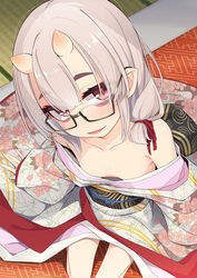  bags_under_eyes bare_shoulders blunt_bangs breasts collarbone commentary_request downblouse eyes_visible_through_hair female from_above futon glasses highres horns japanese_clothes kimono kiyu_(ogami_kazuki) light_smile lolibaba looking_at_viewer medium_hair no_bra off_shoulder ogami_kazuki oni original parted_lips red_eyes semi-rimless_eyewear sitting skin-covered_horns slit_pupils small_breasts solo tatami white_hair white_kimono 