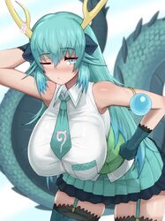  ;/ arm_behind_head arm_up armlet bare_shoulders bent_over blue_dragon_(kemono_friends) blue_eyes blue_hair blurry blurry_background blush breast_pocket breasts buttons closed_mouth collared_shirt corset cowboy_shot dragon_girl dragon_horns dragon_tail eyelashes female garter_straps gloves green_hair hair_between_eyes hanging_breasts highres horns jewelry kemono_friends kemono_friends_3 large_breasts long_hair long_tail looking_at_viewer miniskirt multicolored_hair multiple_horns necktie nose_blush one_eye_closed pleated_skirt pocket shibori_kasu shirt skirt sleeveless sleeveless_shirt solo tail thighhighs two-tone_hair very_long_hair wing_collar yellow_horns zettai_ryouiki 