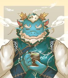  anthro asian_clothing beverage blue_body chinese_clothing closed_eyes clothing dragon east_asian_clothing eyebrows hair horn lifewonders male mature_male mythological_creature mythological_scalie mythology penda_lv1 qinglong_(tas) scalie solo tea thick_eyebrows tokyo_afterschool_summoners white_hair 