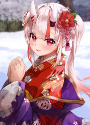  alternate_costume blurry blurry_background female flower hair_flower hair_ornament haori hololive japanese_clothes kimono konkito long_hair long_sleeves looking_at_viewer multicolored_hair nakiri_ayame nakiri_ayame_(new_year) oni print_kimono red_eyes red_flower red_hair red_kimono smile snow solo two-tone_hair upper_body virtual_youtuber white_hair 