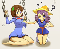  2girls ? blue_eyes blue_skirt boots bound bound_wrists bow breasts chargeman_ken! drill_hair grabbing grabbing_another&#039;s_breast grabbing_own_breast hat hitomi_(chargeman_ken!) jewelry miniskirt multiple_girls nagisa-sensei necklace nikukyuu-man open_mouth purple_eyes short_hair simple_background skirt sweat white_bow yuri 