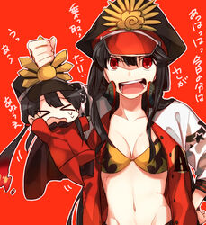  1boy bikini breasts carrying carrying_person chibi cleavage fate/grand_order fate_(series) female fiery_hair hat headphones headphones_around_neck jacket letterman_jacket midriff military_hat navel oda_nobukatsu_(fate) oda_nobunaga_(fate) oda_nobunaga_(swimsuit_berserker)_(fate) oda_uri peaked_cap red_background siblings swimsuit upper_body wakayama_kyuuaka 