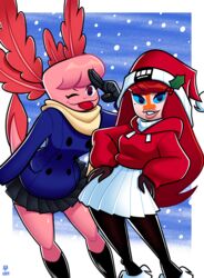  2023 absurd_res amphibian amur_carp anthro axey_(wazzaldorp) axolotl blep blue_eyes bottomwear carp christmas christmas_clothing christmas_headwear clothing coat cyprinid cypriniform duo female fish hat headgear headwear hi_res holidays holly_(plant) hoodie koi koi-chan marine mole_salamander one_eye_closed plant real_axolotl_hours salamander santa_hat scarf skirt snow tongue tongue_out topwear typical_carp wazzaldorp wink winter 