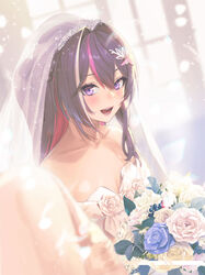  1other :d absurdres alternate_costume azki_(hololive) blue_flower blue_rose blush bouquet breasts bridal_veil brown_hair cleavage collarbone dress dutch_angle female flower hair_between_eyes hair_ornament highres holding holding_bouquet hololive long_hair looking_at_viewer multicolored_hair open_mouth pov purple_eyes rose small_breasts smile solo_focus strapless strapless_dress streaked_hair takami_masahiro upper_body veil virtual_youtuber wedding wedding_dress white_dress white_flower white_rose 