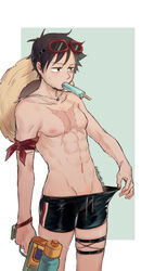  1boy abs absurdres aqua_background bandana bandana_around_arm black_eyes black_hair blush cowboy_shot food food_in_mouth goggles goggles_on_head hat hat_on_back highres holding holding_water_gun male_focus male_swimwear male_underwear male_underwear_pull moko_(gloriaaaaaa) monkey_d._luffy navel nipples one_piece popsicle popsicle_in_mouth pulling_own_clothes red_bandana red_wristband scar scar_on_cheek scar_on_chest scar_on_face short_hair simple_background solo straw_hat swim_trunks thigh_strap topless_male underwear water_gun wet 