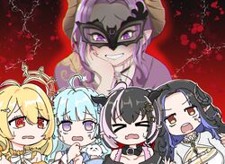  &gt;_&lt; 5girls @_@ absurdres ahoge amaui belt belt_collar black_belt black_hair black_horns blonde_hair blood blood_splatter blue_hair blunt_bangs bow bowtie breasts chromatic_aberration cleavage collar commentary_request curled_horns demon_girl demon_horns fangs grin hair_intakes halo hand_on_own_cheek hand_on_own_face hebiyoi_tier hebiyoi_tier_(2nd_costume) highres hinata_mashu horns japanese_clothes kimono large_breasts long_hair mask masquerade_mask medium_hair mita_risuto multicolored_hair multiple_girls nanashi_inc. oinomori_may oinomori_may_(1st_costume) open_mouth orange_halo pink_hair purple_eyes purple_hair purple_kimono saionji_mary scared skin_fangs smile teeth two-tone_hair upper_body upper_teeth_only virtual_youtuber white_bow white_bowtie 