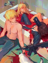  assault_rifle bathtub black_necktie blonde_hair blood blood_on_hands brown_hair chainsaw_man closed_eyes commentary denji_(chainsaw_man) english_commentary gun gun_fiend_(chainsaw_man) hair_between_eyes hayakawa_aki highres horns kiunchiku meowy_(chainsaw_man) necktie pool_of_blood power_(chainsaw_man) pull_cord red_horns rifle spoilers suit toned toned_male topless_male weapon yellow_eyes 