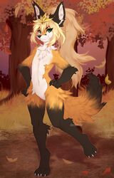  2023 anthro artist_name black_nose blonde_hair brown_body brown_fur canid canine detailed_background digital_media_(artwork) ear_tuft falling_leaves featureless_crotch flat_chested fox fur gloves_(marking) grass hair hi_res inner_ear_fluff leg_markings looking_at_viewer mammal markings navel nude orange_body orange_fur outside plant smile socks_(marking) solo spraykitty tree tuft white_body white_fur 