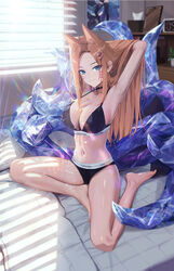  absurdres ahri_(league_of_legends) animal_ears armpits arms_behind_head arms_up barefoot black_bra black_choker black_panties blonde_hair blue_eyes blush bra breasts calvin_klein choker cleavage closed_mouth commission dappled_sunlight english_commentary facial_mark feet female fieryonion fox_ears full_body hair_ornament halterneck hand_in_own_hair highres indoors k/da_ahri large_breasts league_of_legends legs light_rays long_hair looking_at_viewer navel official_alternate_hairstyle panties sidelocks sitting smile solo stomach sunlight toes underwear underwear_only whisker_markings window_blinds 