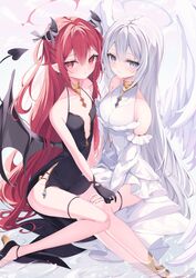  2girls absurdres angel angel_wings black_dress black_footwear black_gloves black_horns black_wings blue_eyes commentary commission demon_girl demon_wings detached_sleeves dress feathered_wings gloves grey_hair halo halterneck high_heels highres horns long_hair low_wings multiple_girls okomeillust original red_eyes red_hair red_halo side_slit skeb_commission sleeveless sleeveless_dress symbol-only_commentary very_long_hair white_dress white_halo white_wings wings 