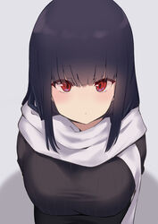  absurdres black_hair black_sweater blush breasts commentary female from_above highres lanthan large_breasts long_hair looking_at_viewer original red_eyes ribbed_sweater scarf sweater upper_body white_scarf 