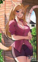  animal_ears blonde_hair blush breasts brown_eyes cleavage collarbone facial_mark female final_fantasy final_fantasy_xiv grin heterochromia highres jewelry long_hair looking_at_viewer medium_breasts miqo&#039;te necklace parted_lips purple_eyes rukiadaichi smile solo tail teeth warrior_of_light_(ff14) 